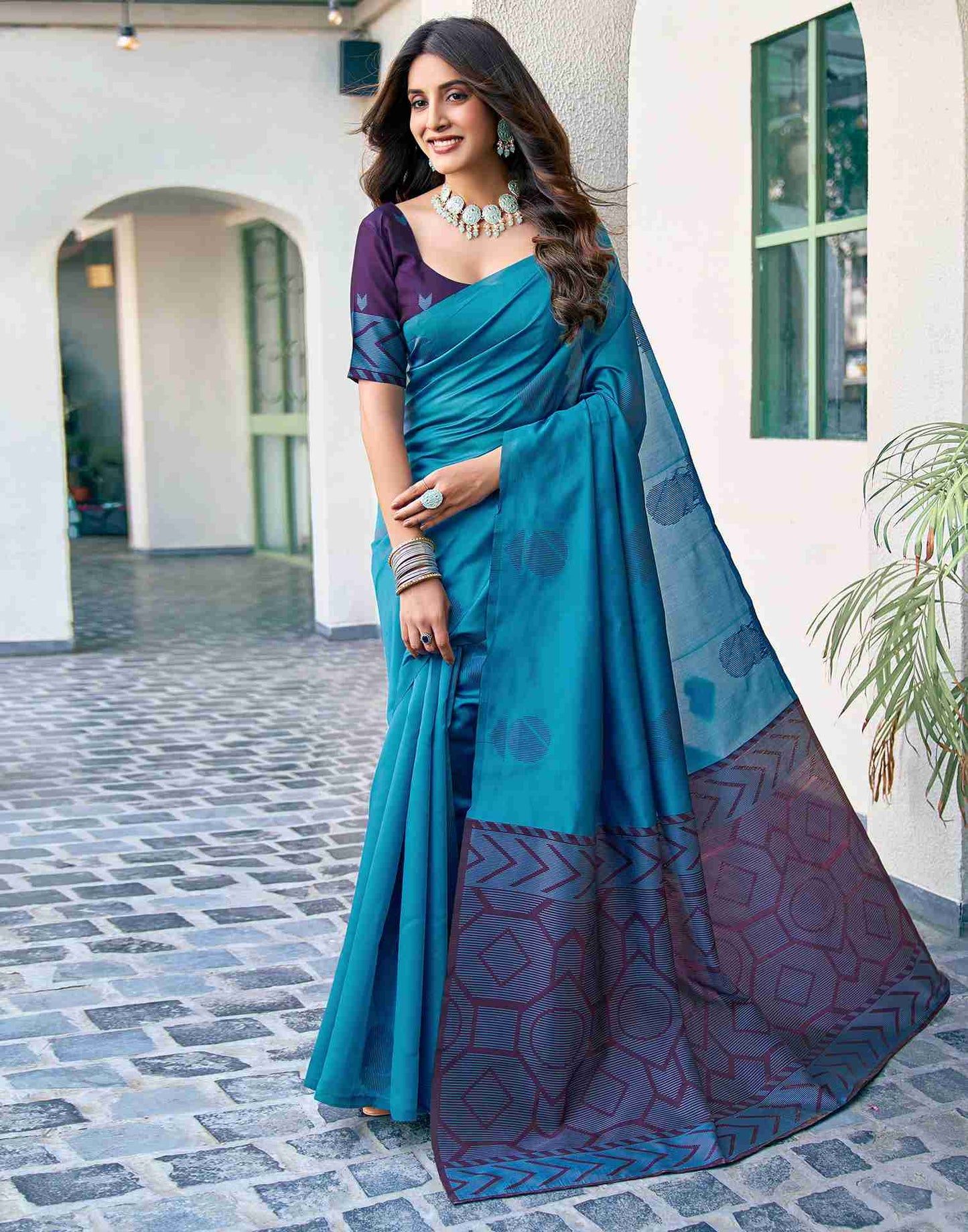 Teal Blue Silk Woven Banarasi Saree