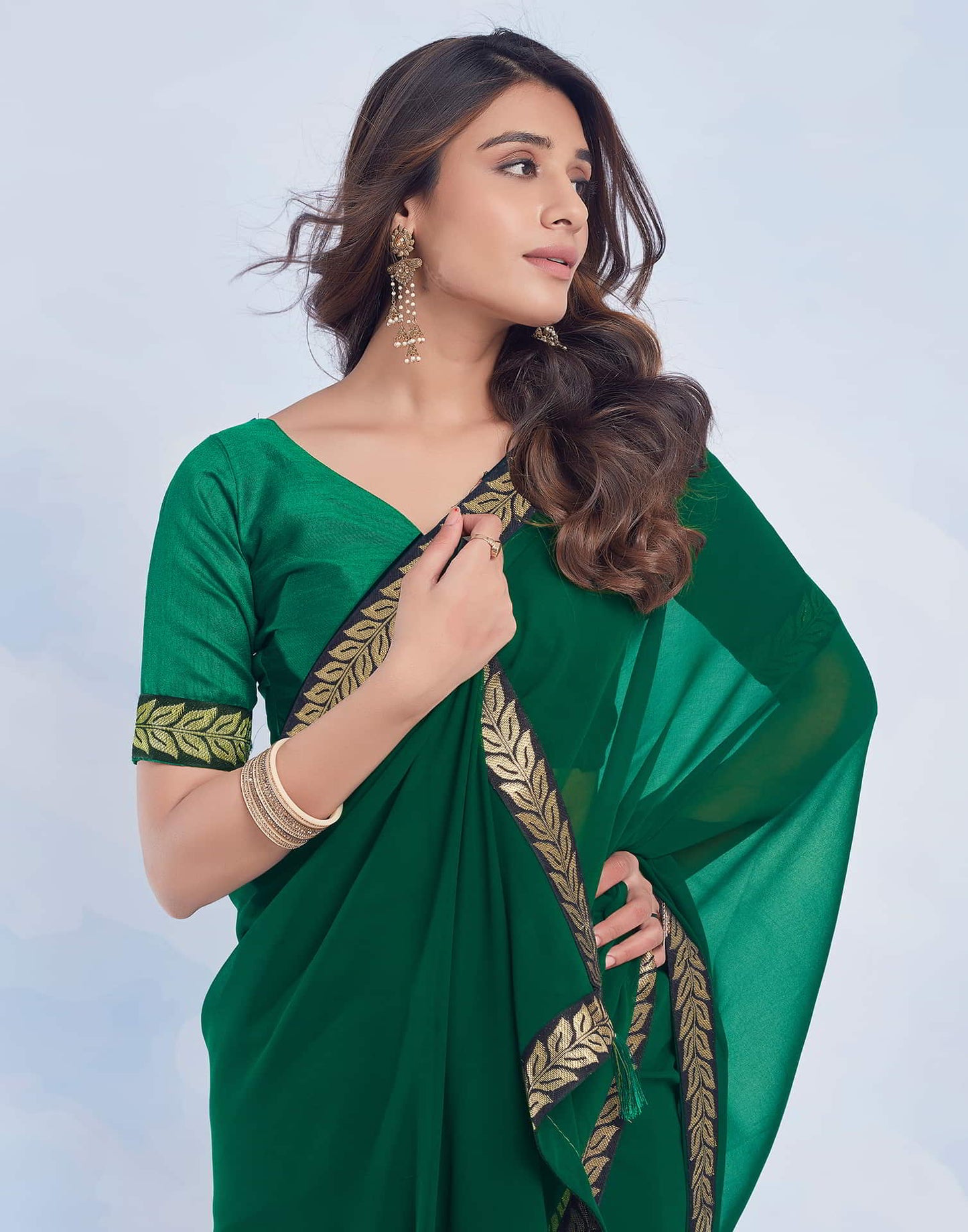 Dark Green Georgette Plain Saree