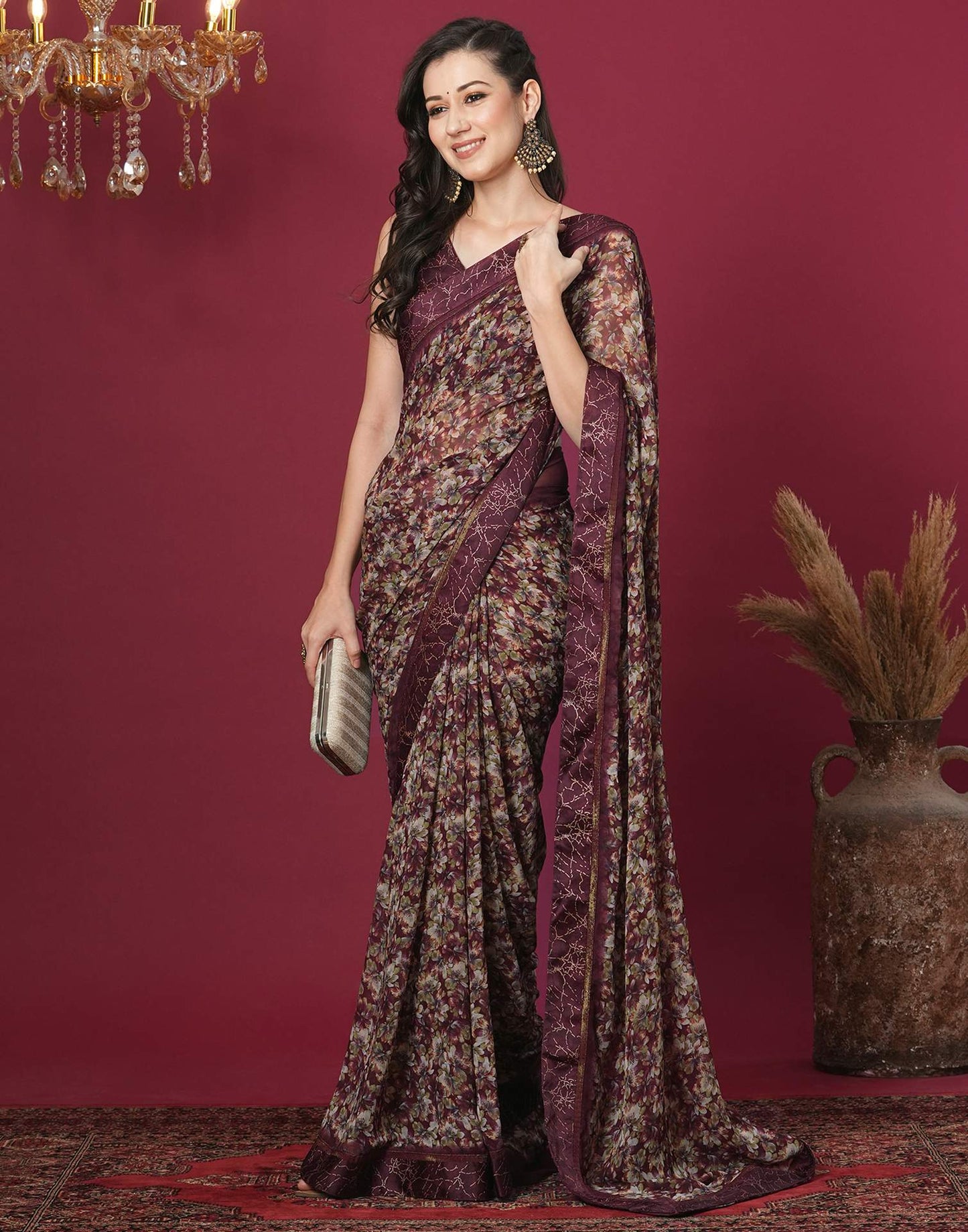 Maroon Georgette Floral Printed Saree