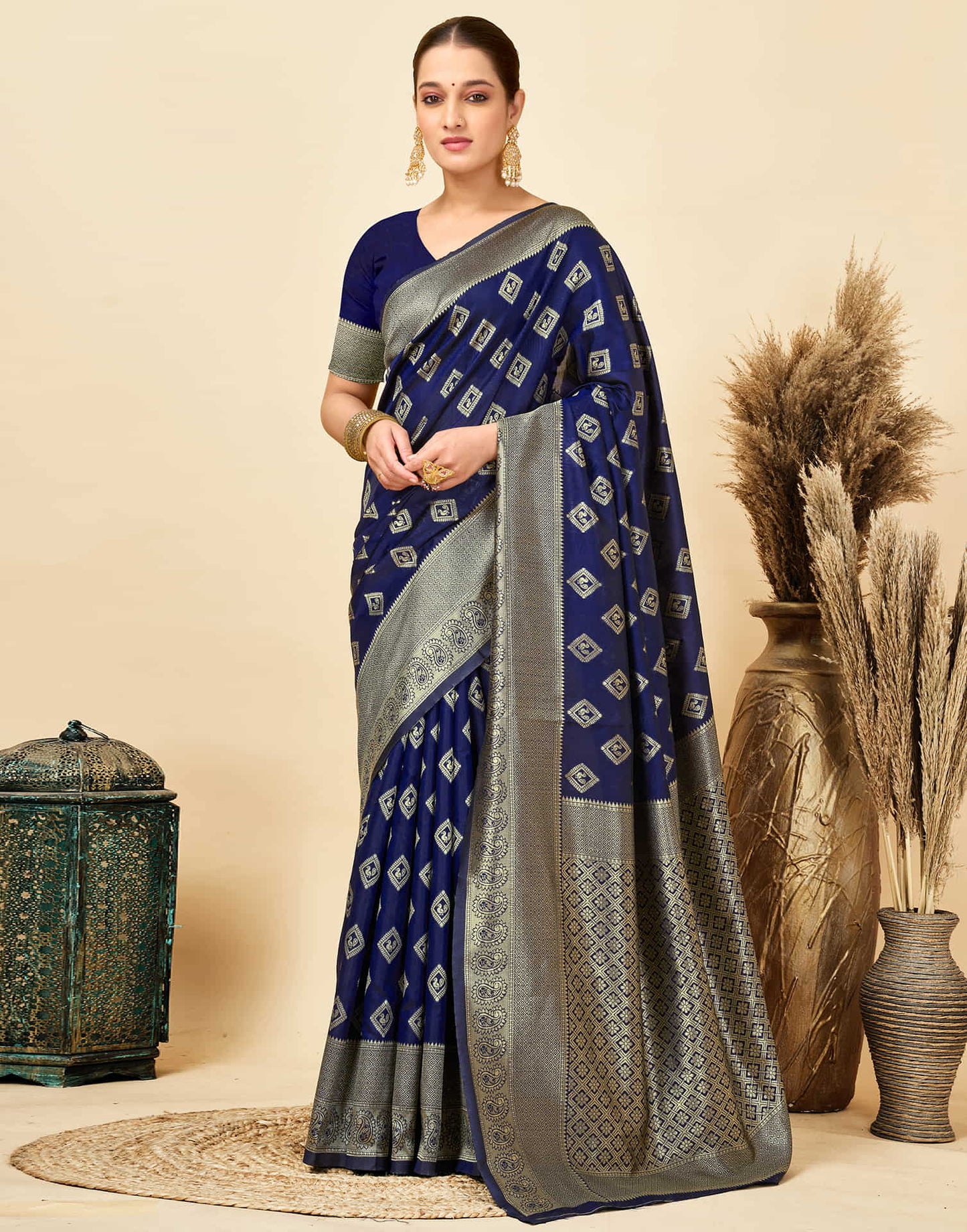 Navy Blue Silk Woven Banarasi Saree