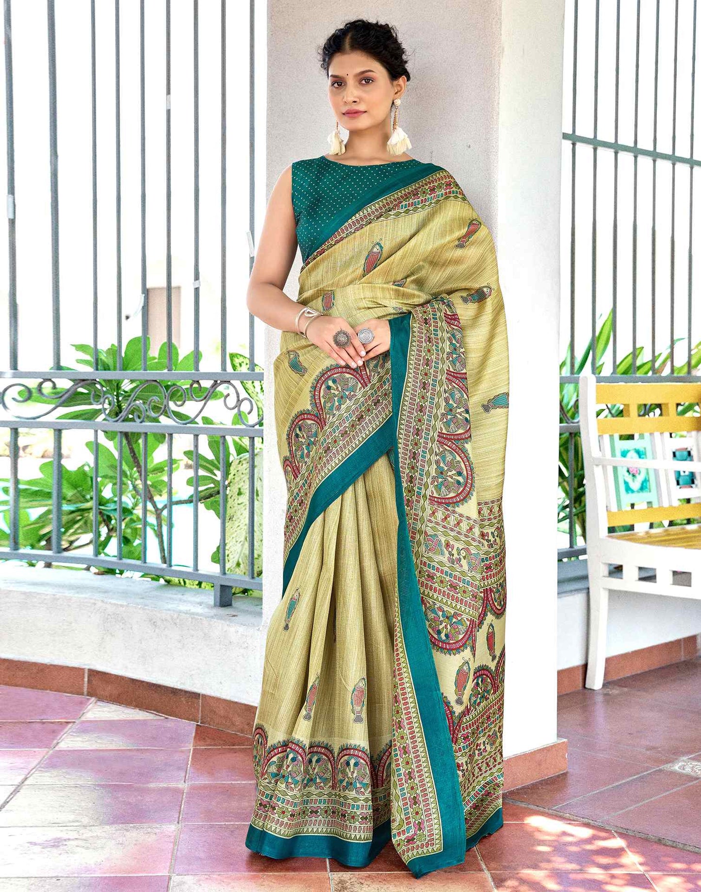 Beige Cotton Blend Madhubani Printed Saree