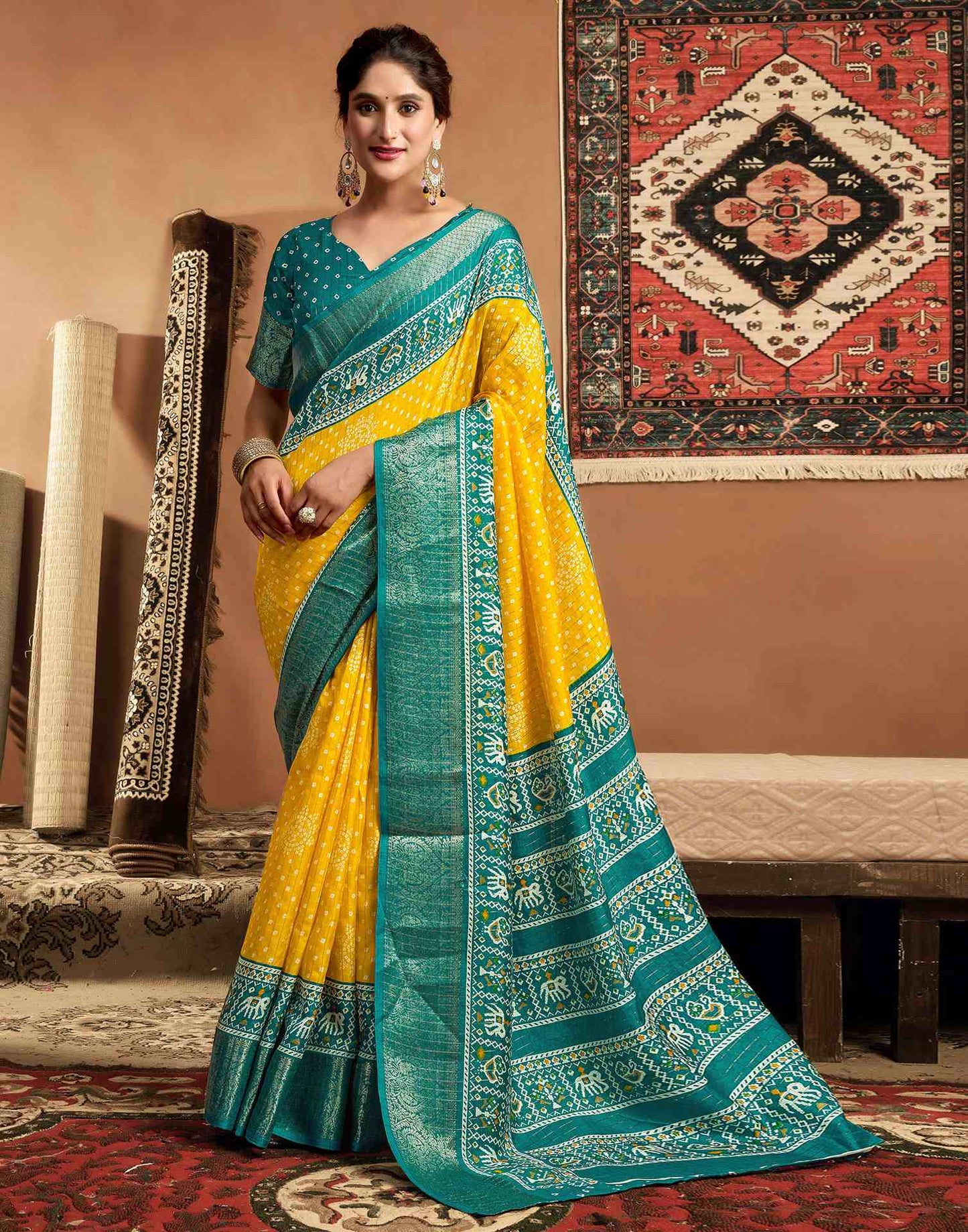 Yellow Silk Printed Bandhani Saree
