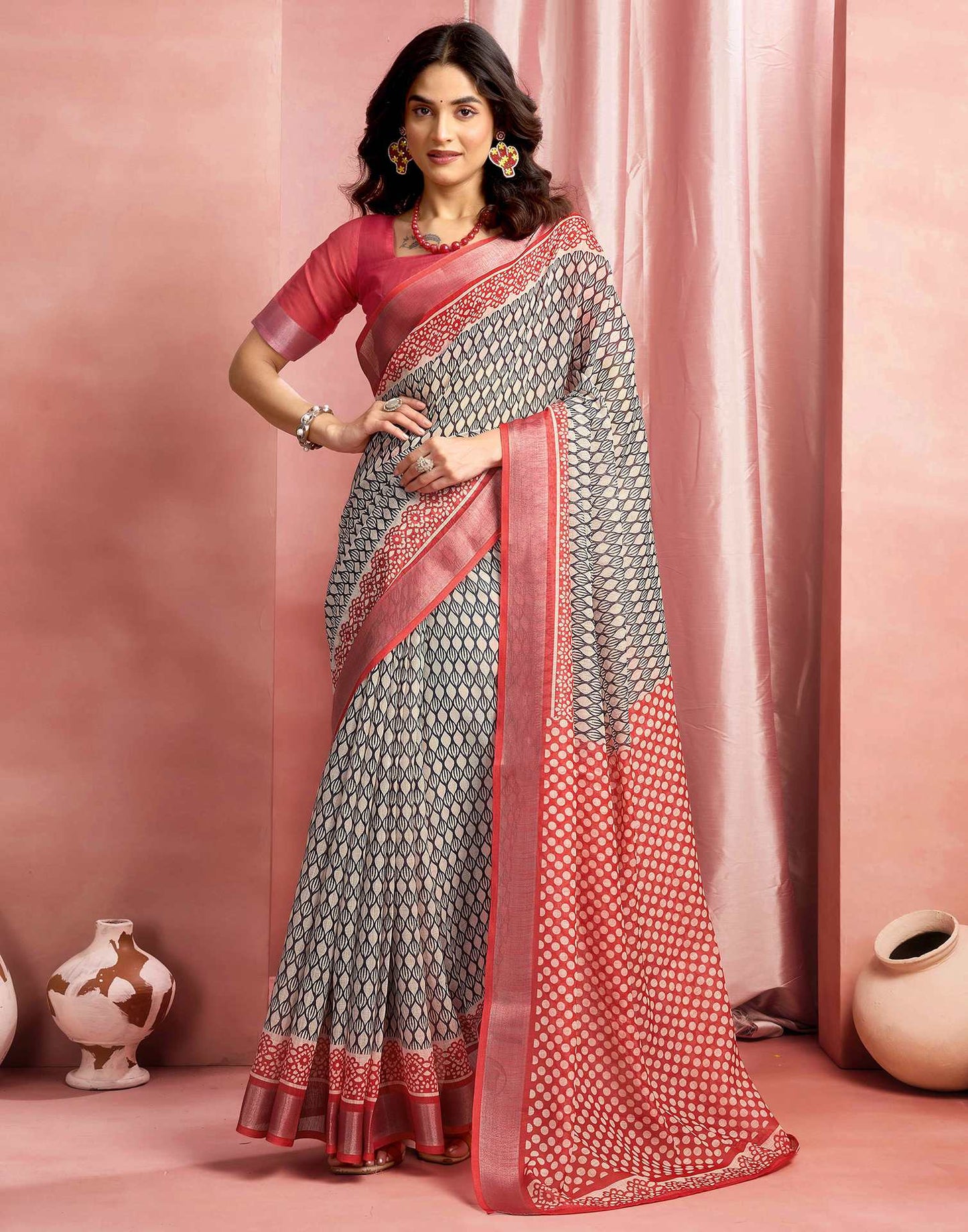 Beige Cotton Linen Printed Saree