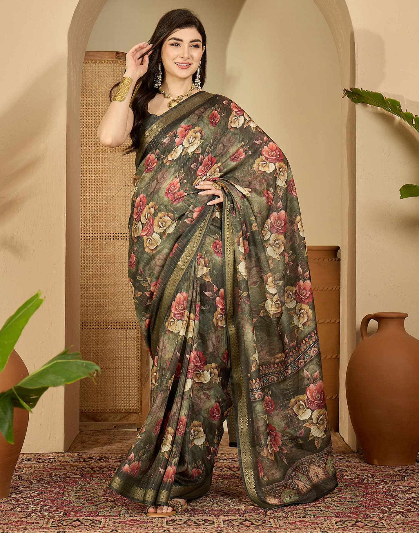 Army Green Silk Floral Printed Saree