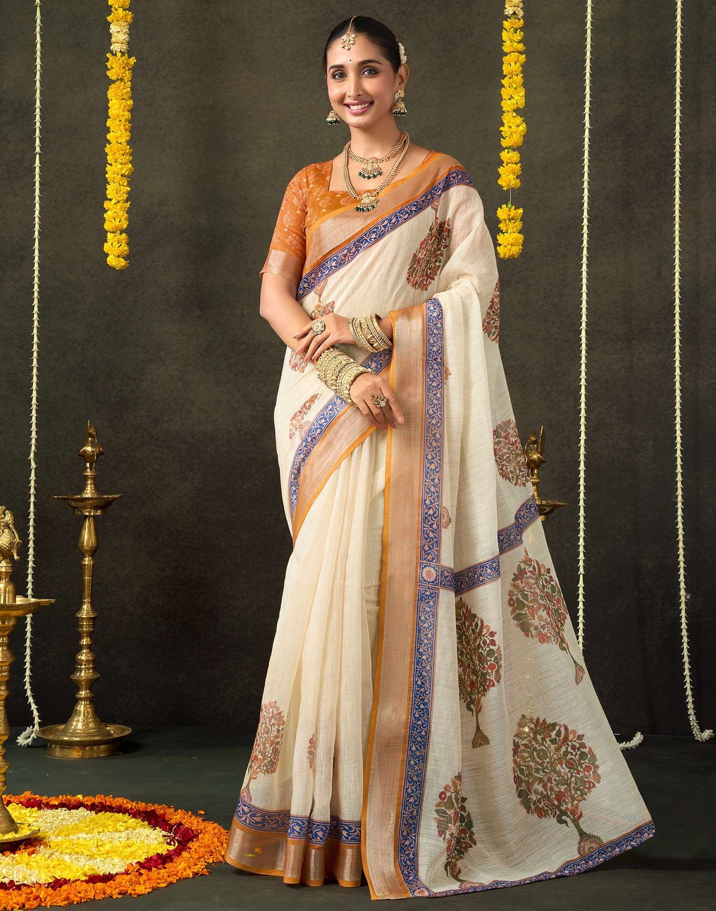 Beige Cotton Printed Saree