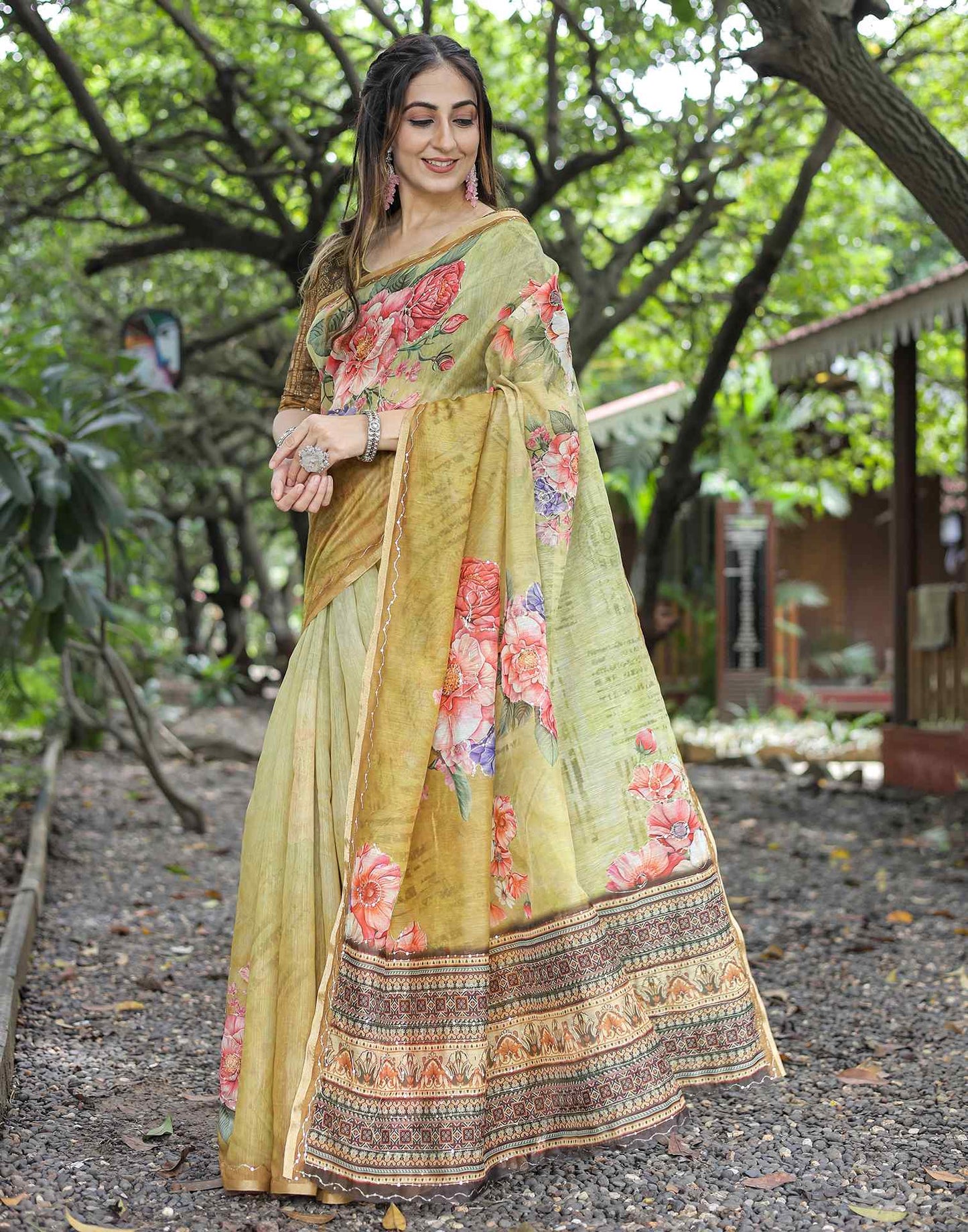 Beige Cotton Floral Printed Saree