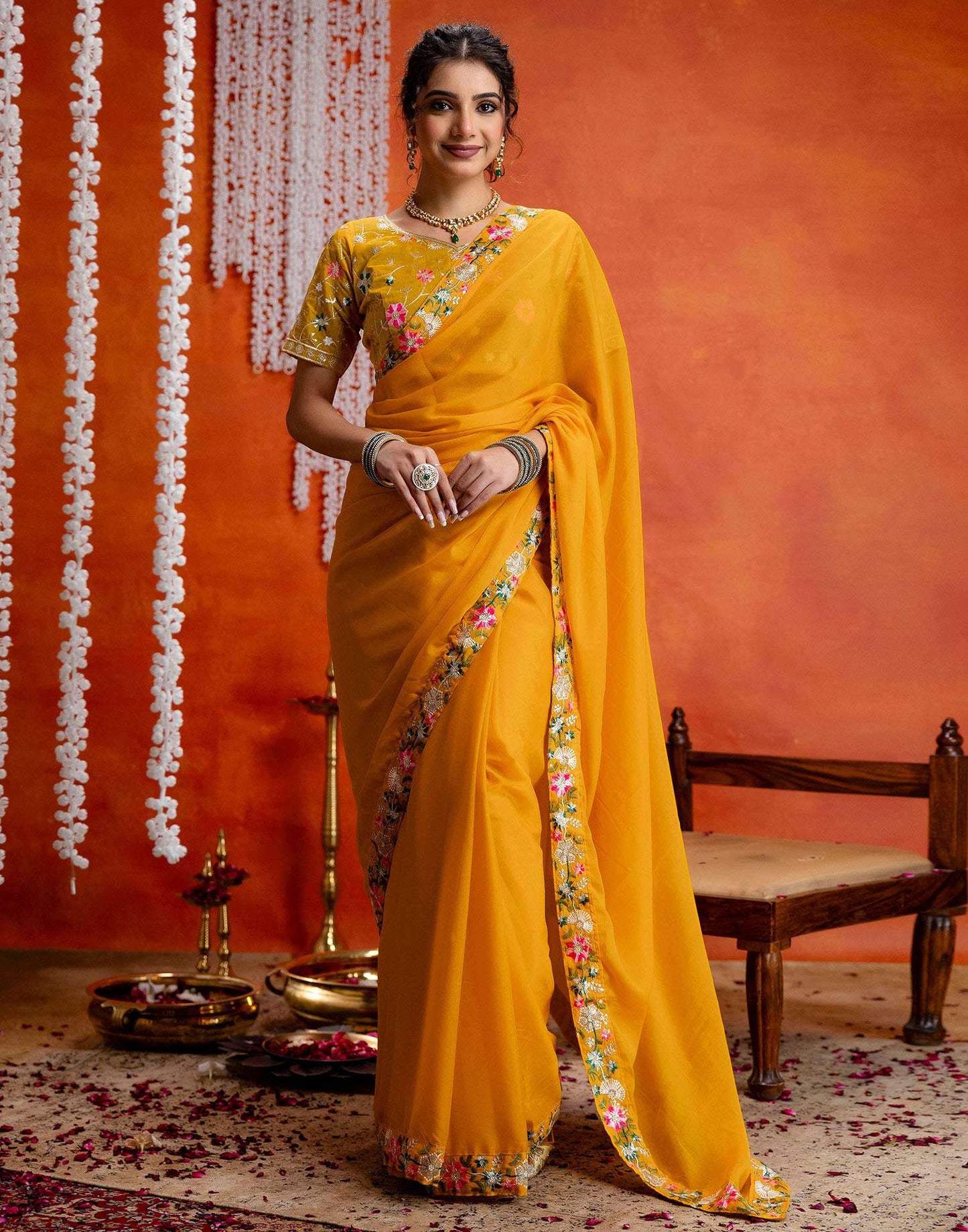 Yellow Shimmer Embroidery lace Saree