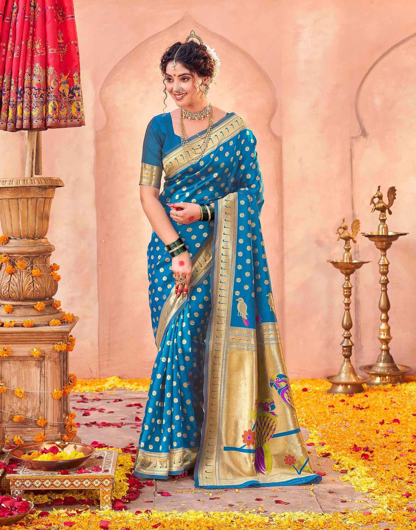 Teal Blue Silk Woven Paithani Saree