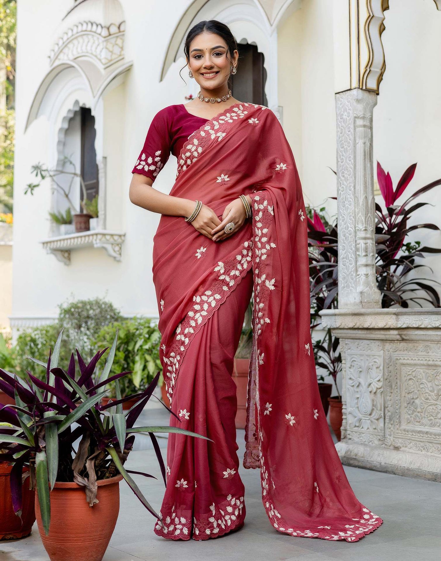 Dark Rose Pink Shimmer Embroidery Saree
