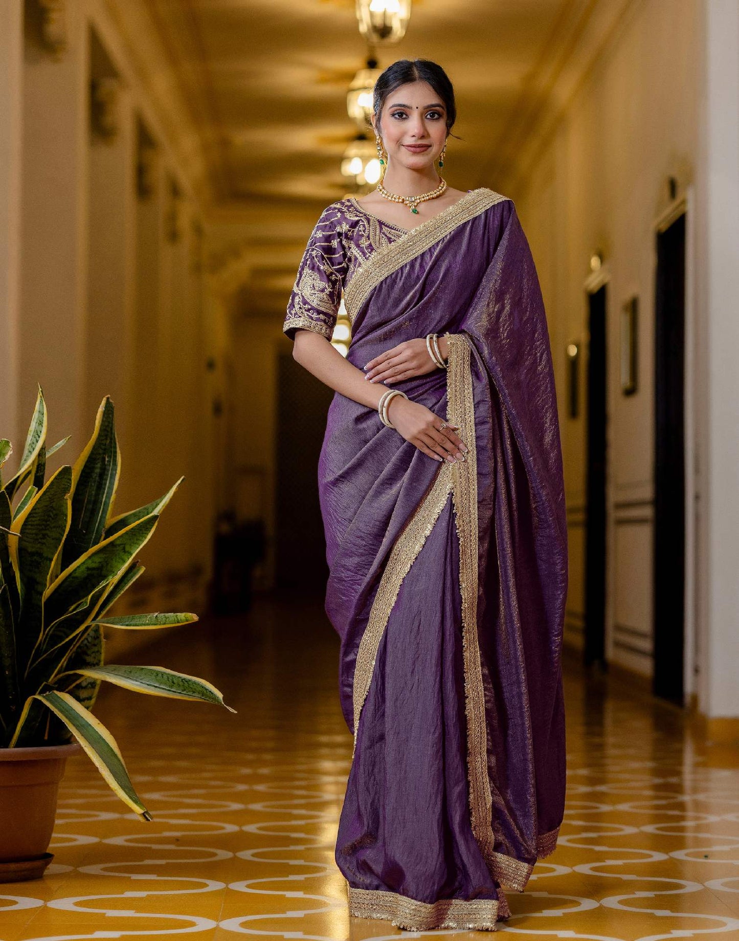 Purple Shimmer Chiffon Lace Saree