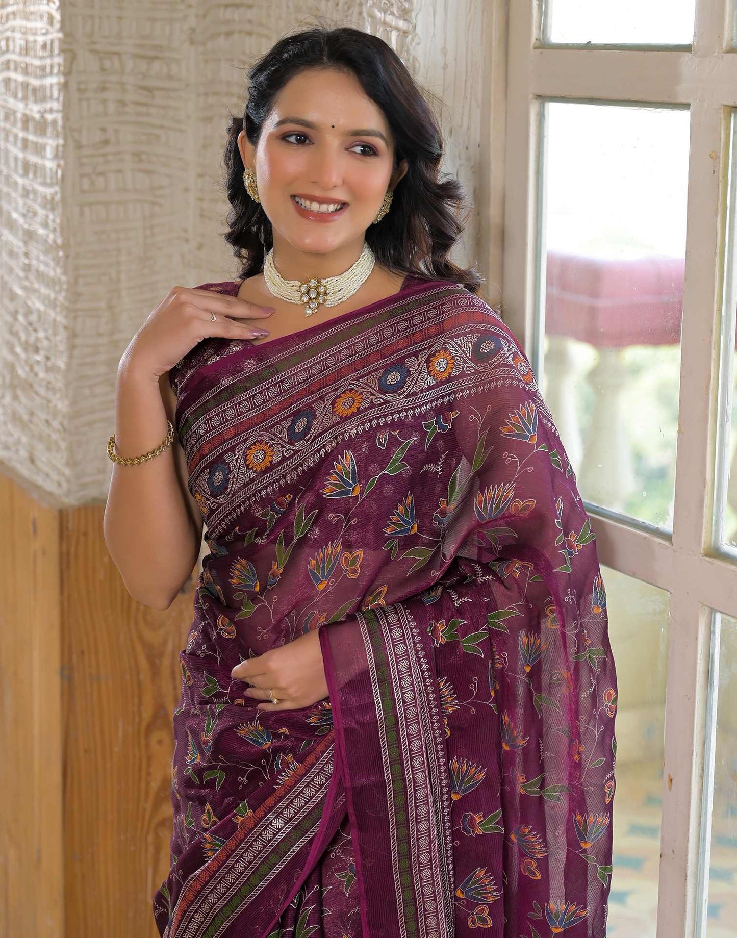 Dark Purple Shimmer Chiffon Foil Printed Saree