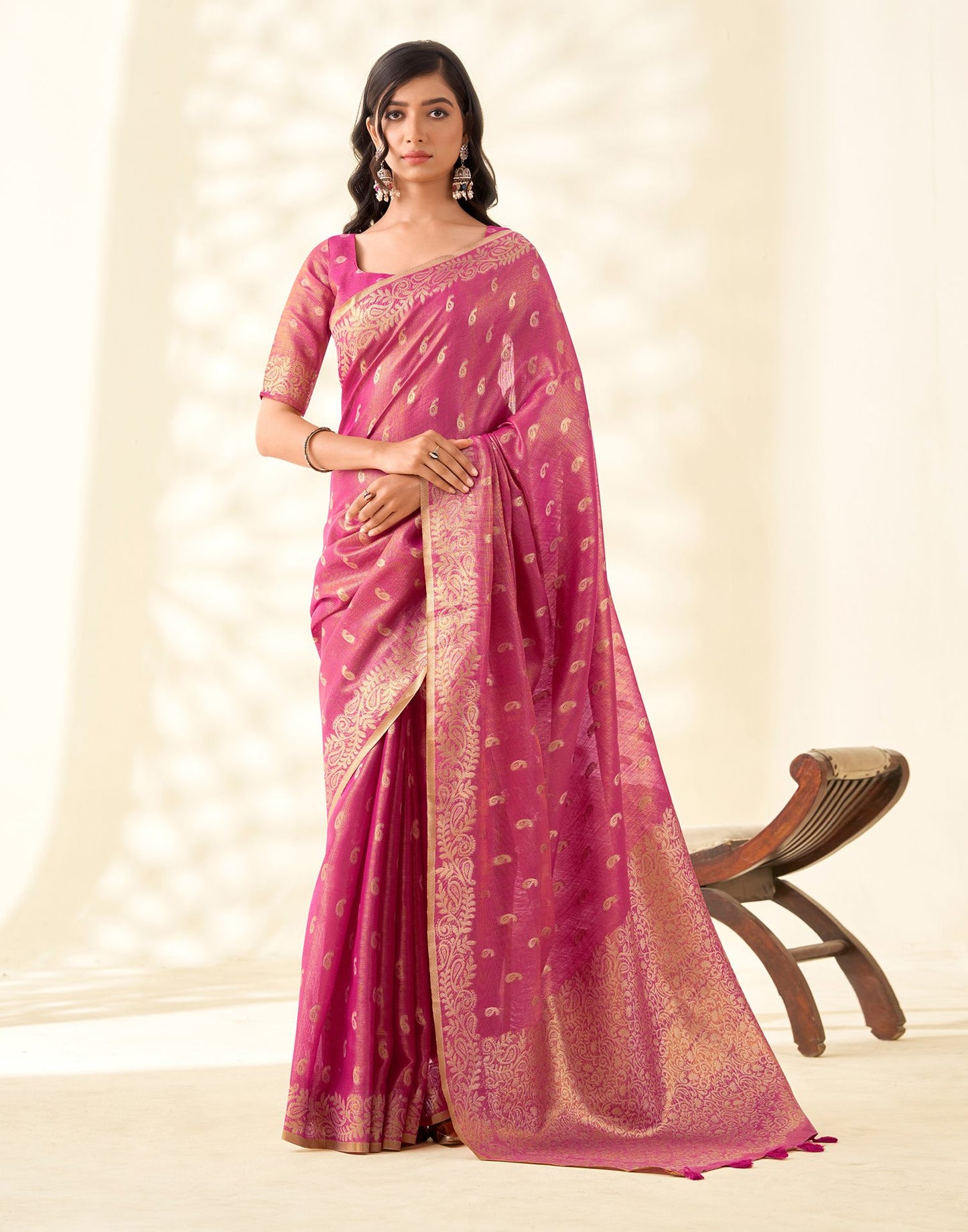 Dark Pink Tissue Linen Woven Saree