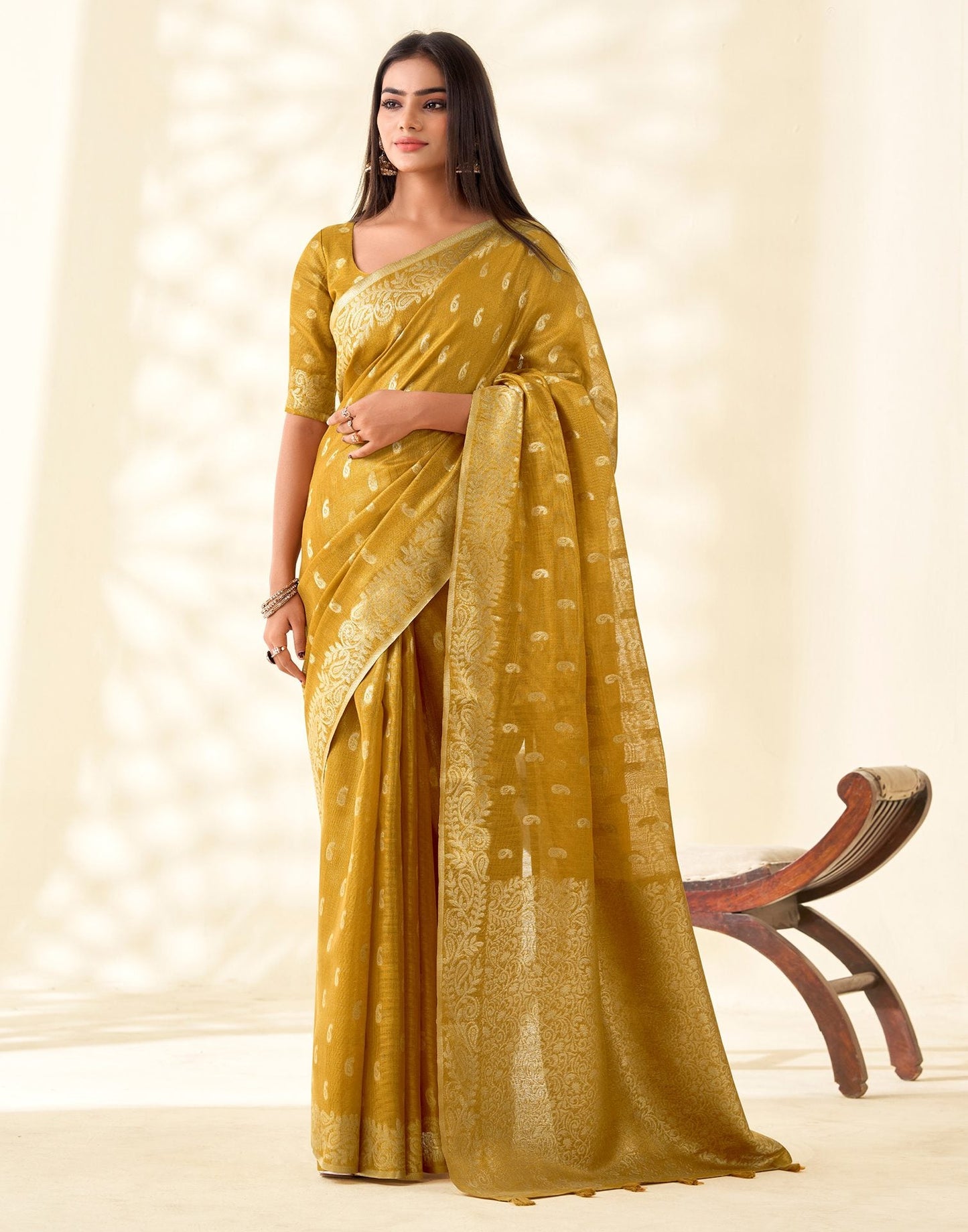 Mustard Tissue Linen Woven Saree