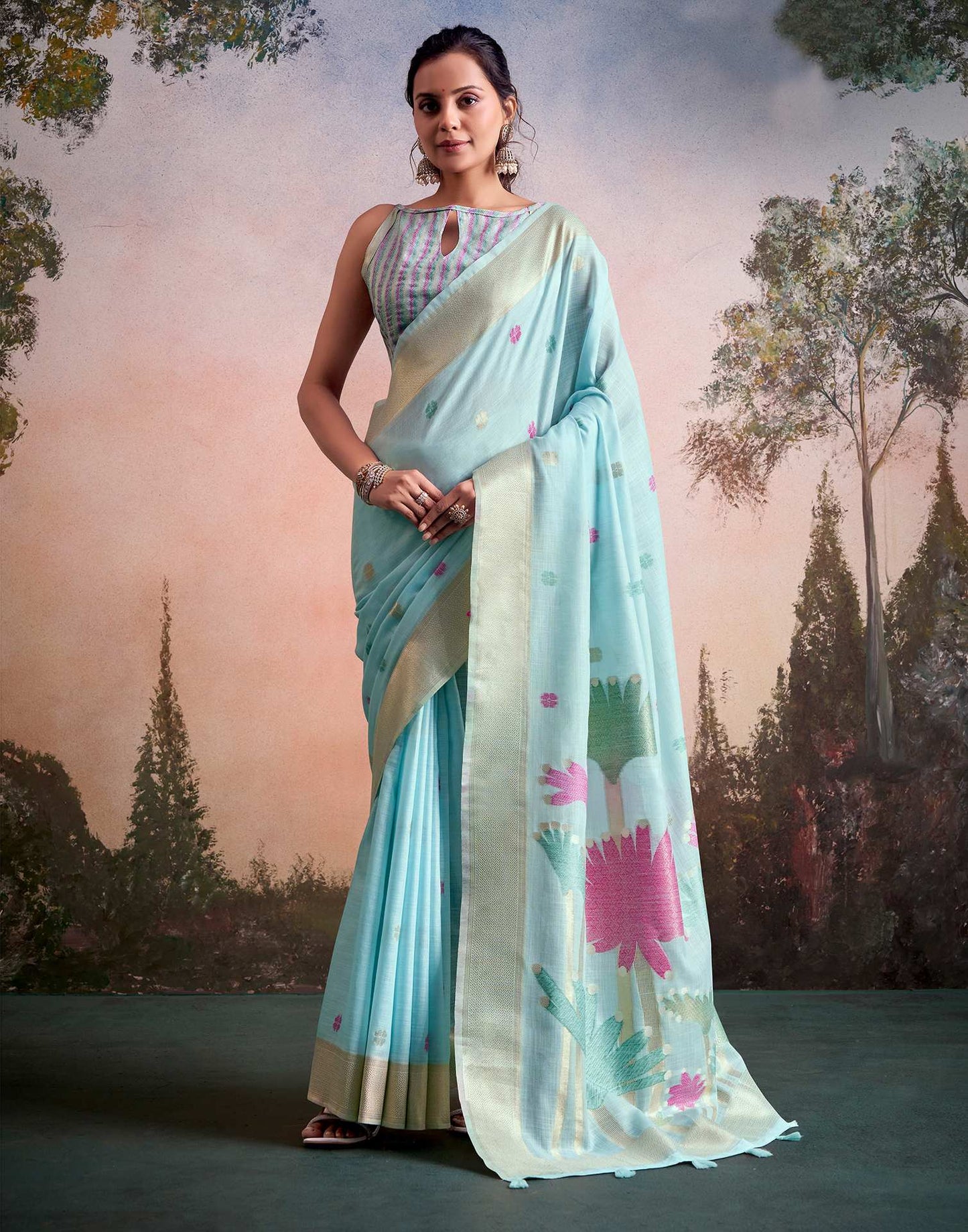 Sky Blue Linen Silk Woven Printed Saree