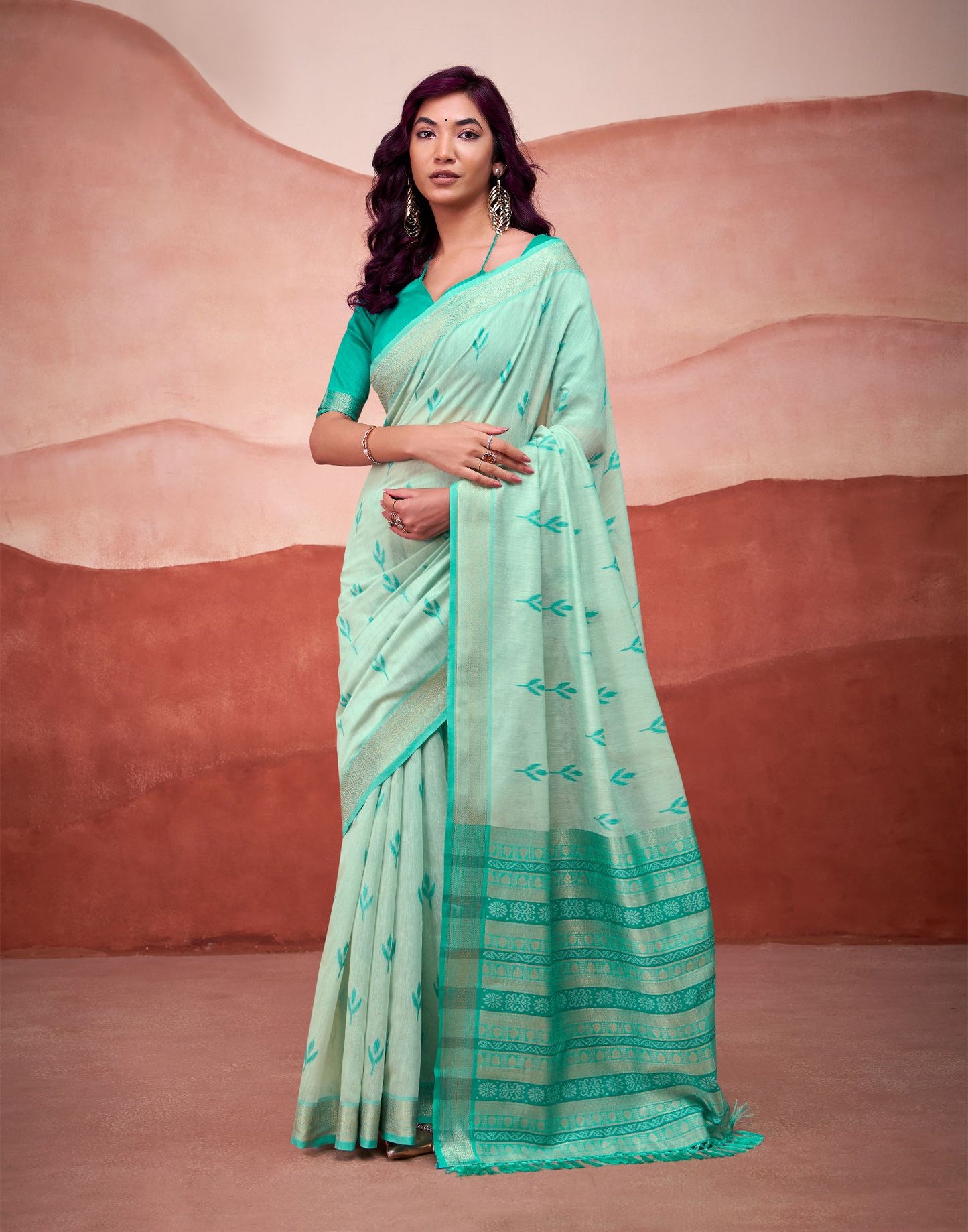 Light Teal Green Cotton Woven Printed Saree
