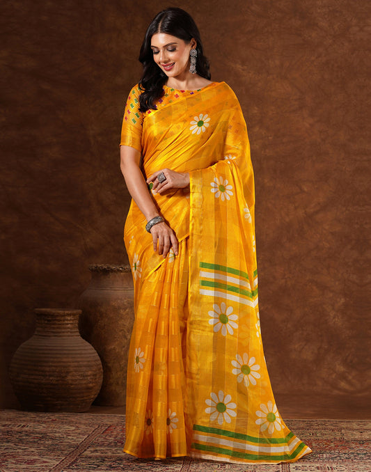 Yellow Silk Floral Printed Saree