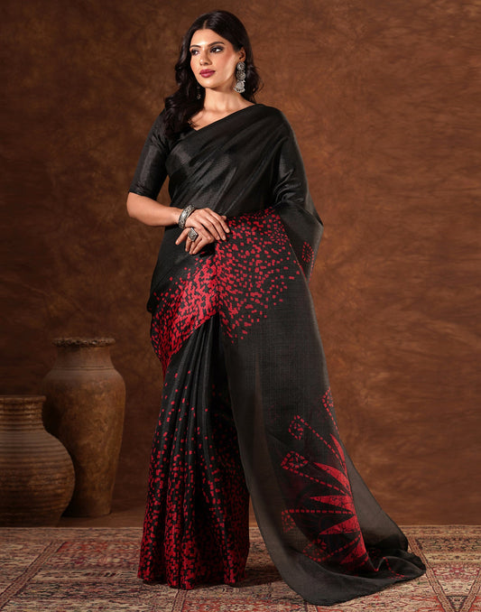 Black Cotton Blend Printed Saree