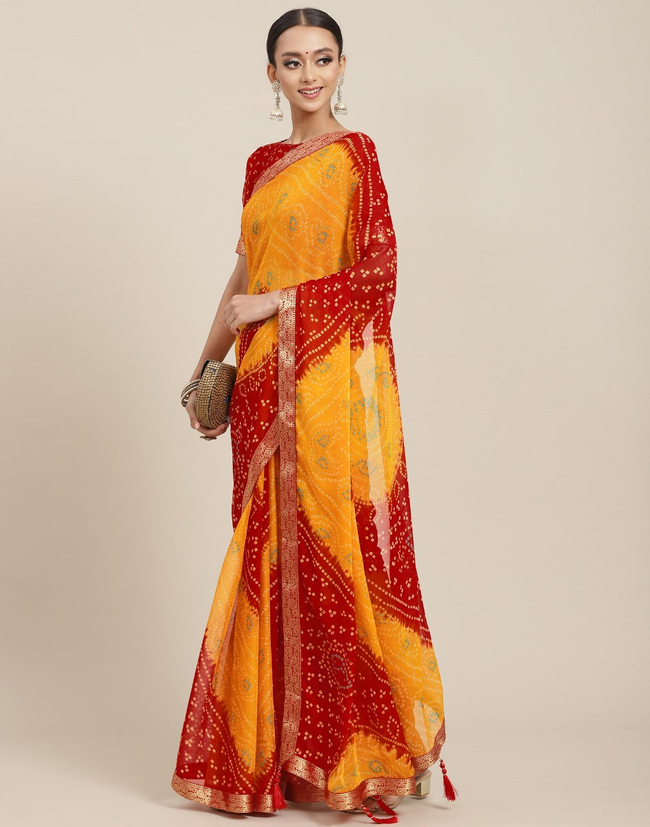 Yellow And Red Bandhani Saree