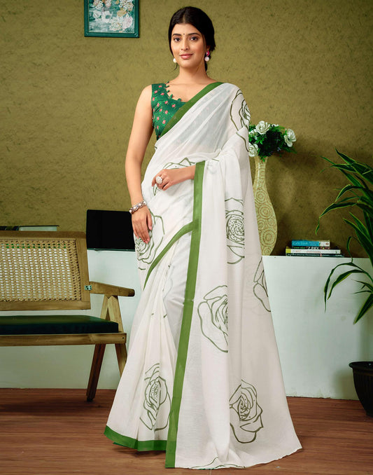 Ready To Wear Off White Cotton Printed Saree