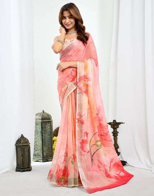 Ready To Wear Pink Linen Floral Printed Saree