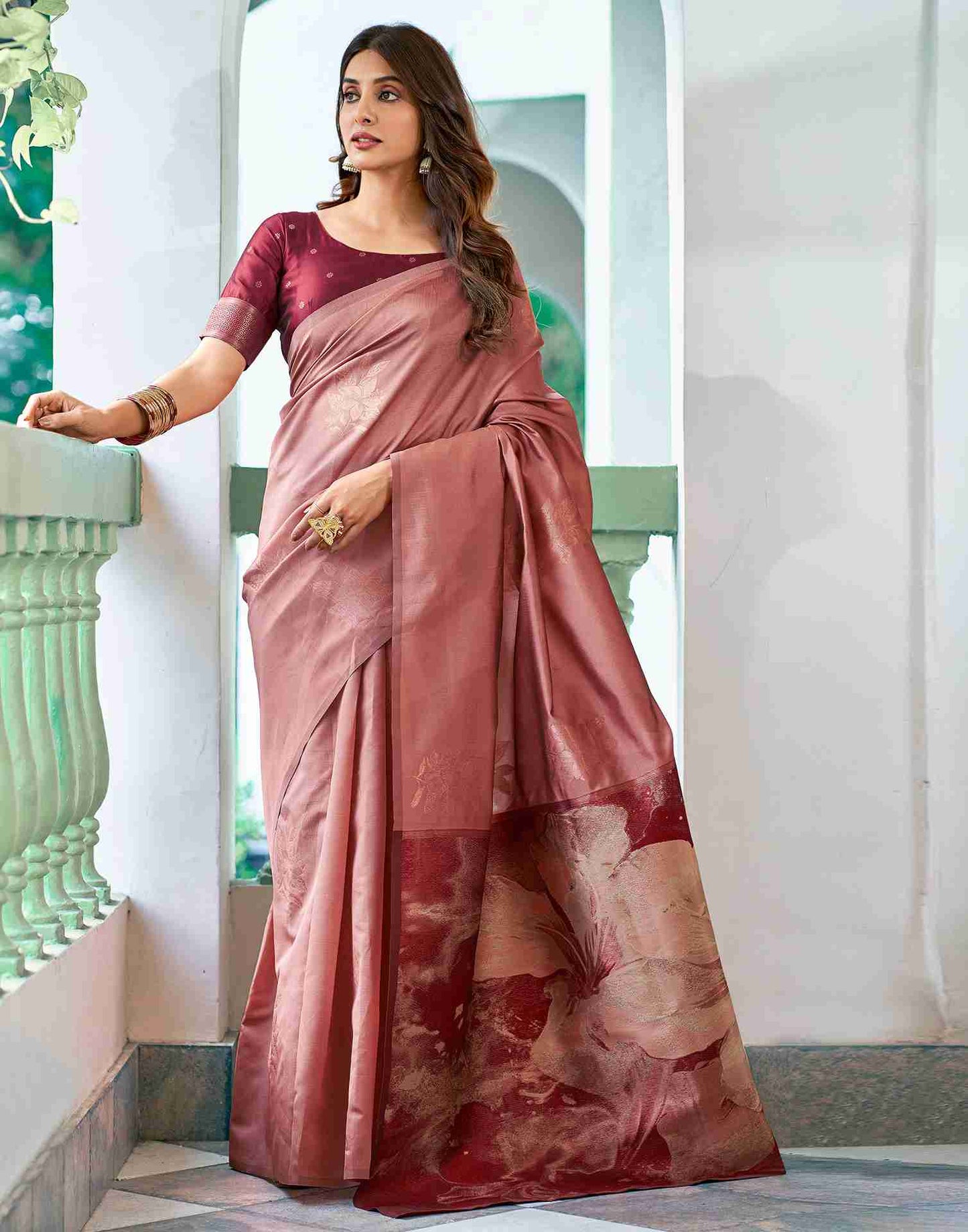 Dark Peach Silk Woven Banarasi Saree