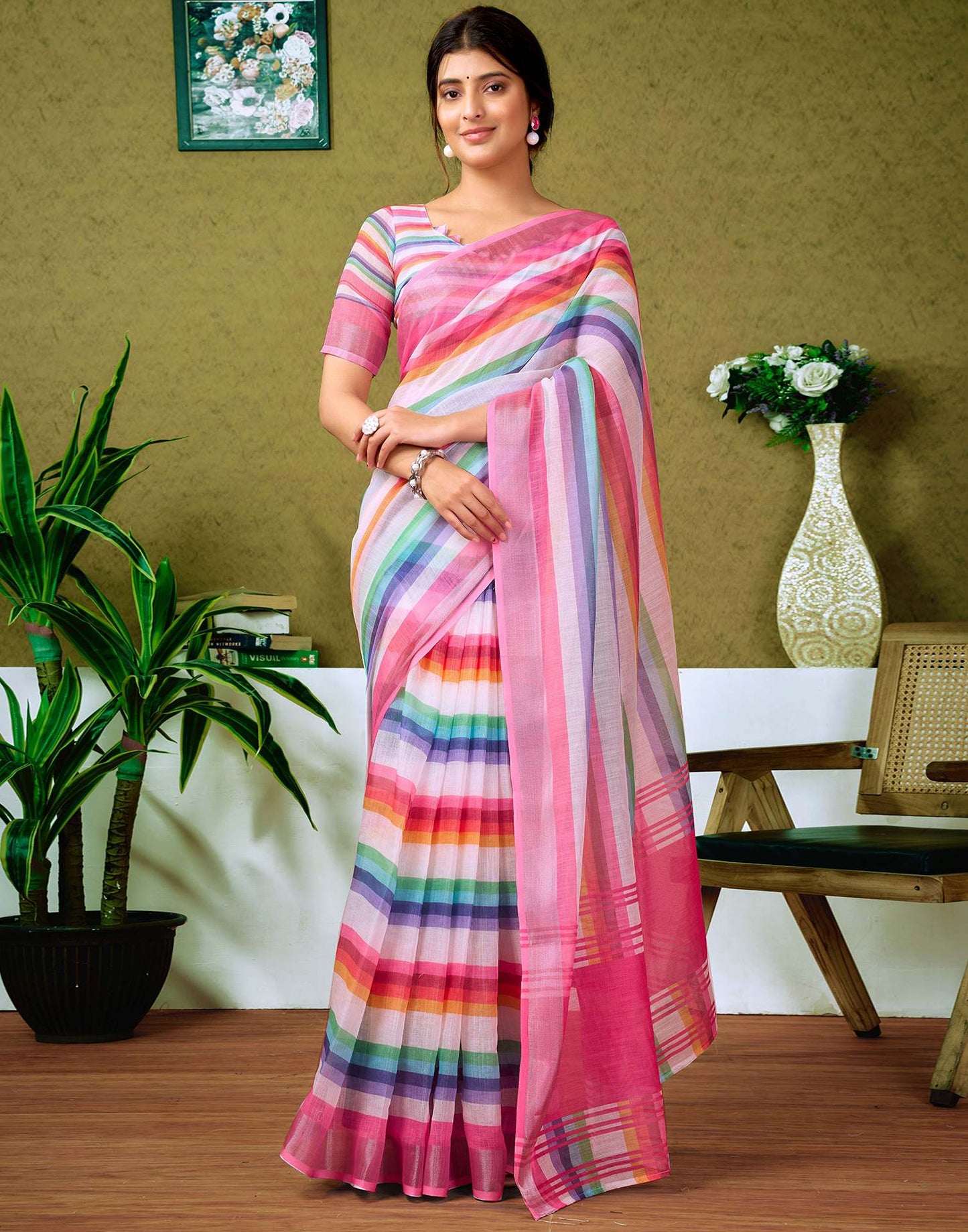 Ready To Wear Multicoloured Linen Printed Saree