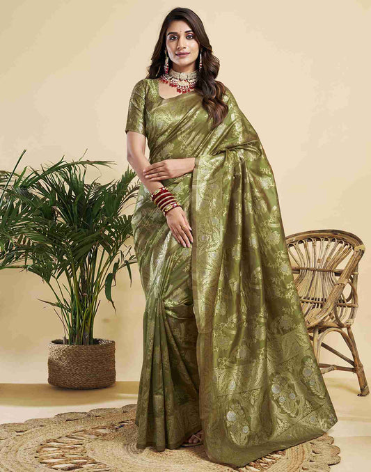 Olive Green Silk Woven Banarasi Saree