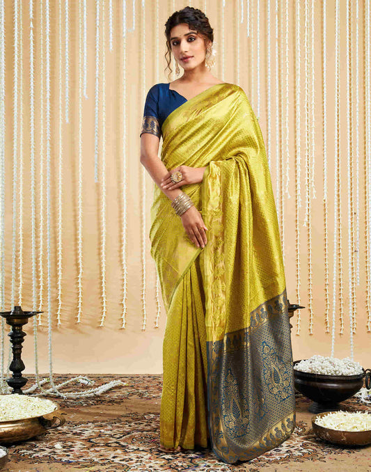 Lime Yellow Silk Woven Banarasi Saree