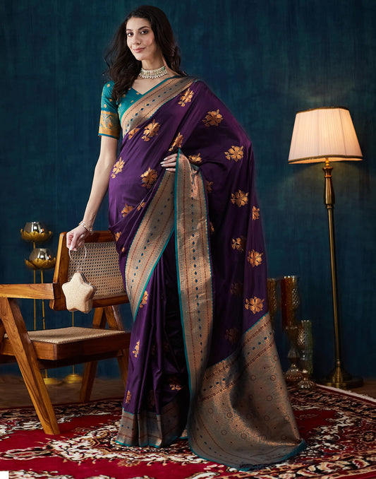 Wine Silk Woven Banarasi Saree