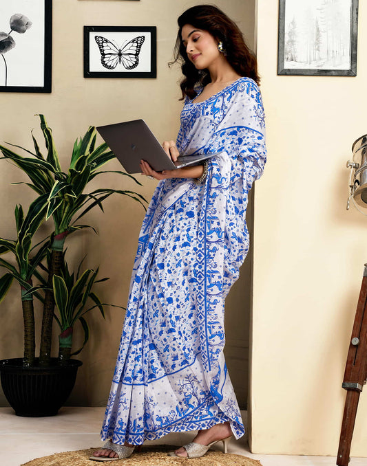 Ready To Wear White Pure Cotton Floral Printed Saree With Pocket