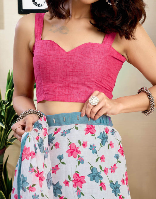 Ready To Wear White Pure Cotton Floral Printed Saree With Pocket