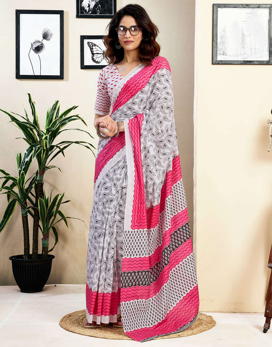 Ready To Wear White Pure Cotton Printed Saree With Pocket