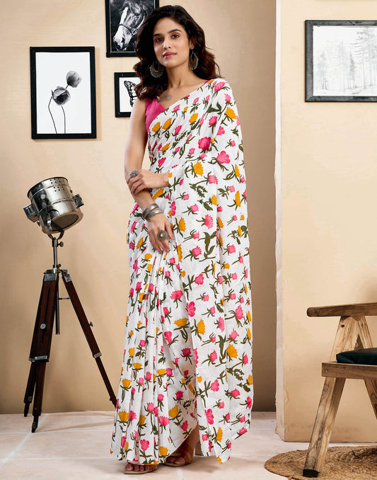 Ready To Wear White Pure Cotton Floral Printed Saree With Pocket