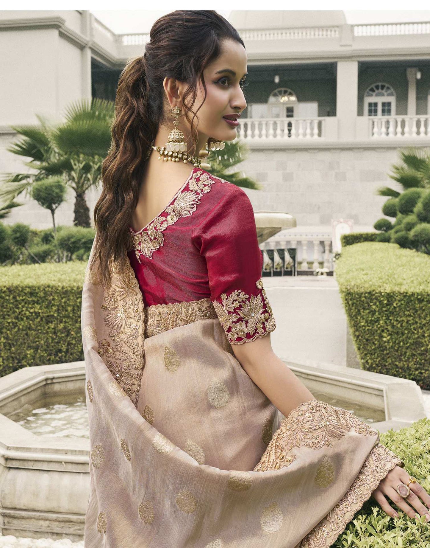 Beige Silk Embroidery Embellished Saree