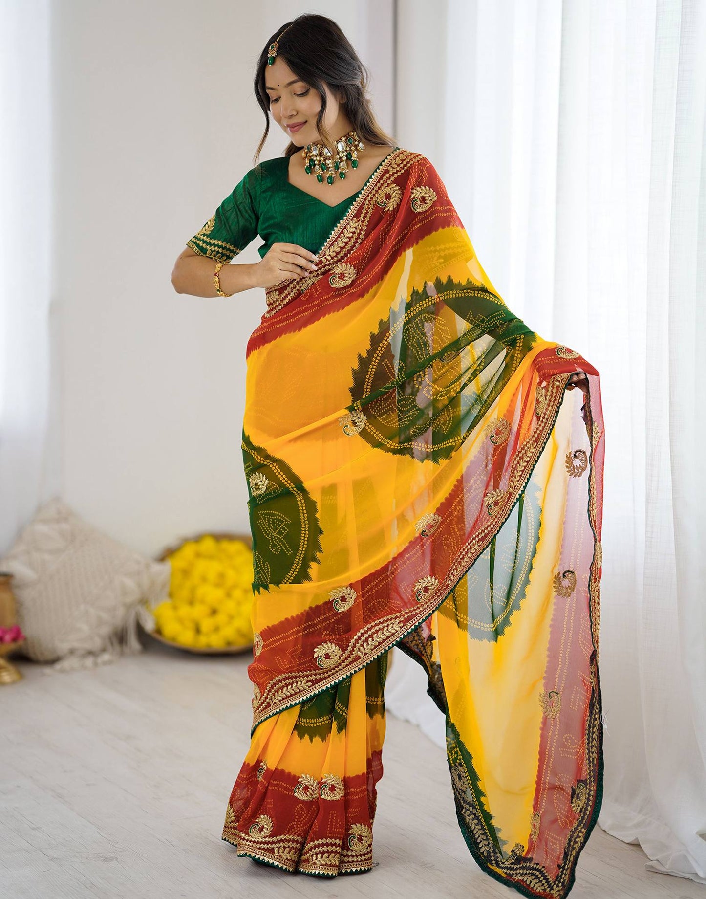 Yellow Georgette Printed Bandhani Saree