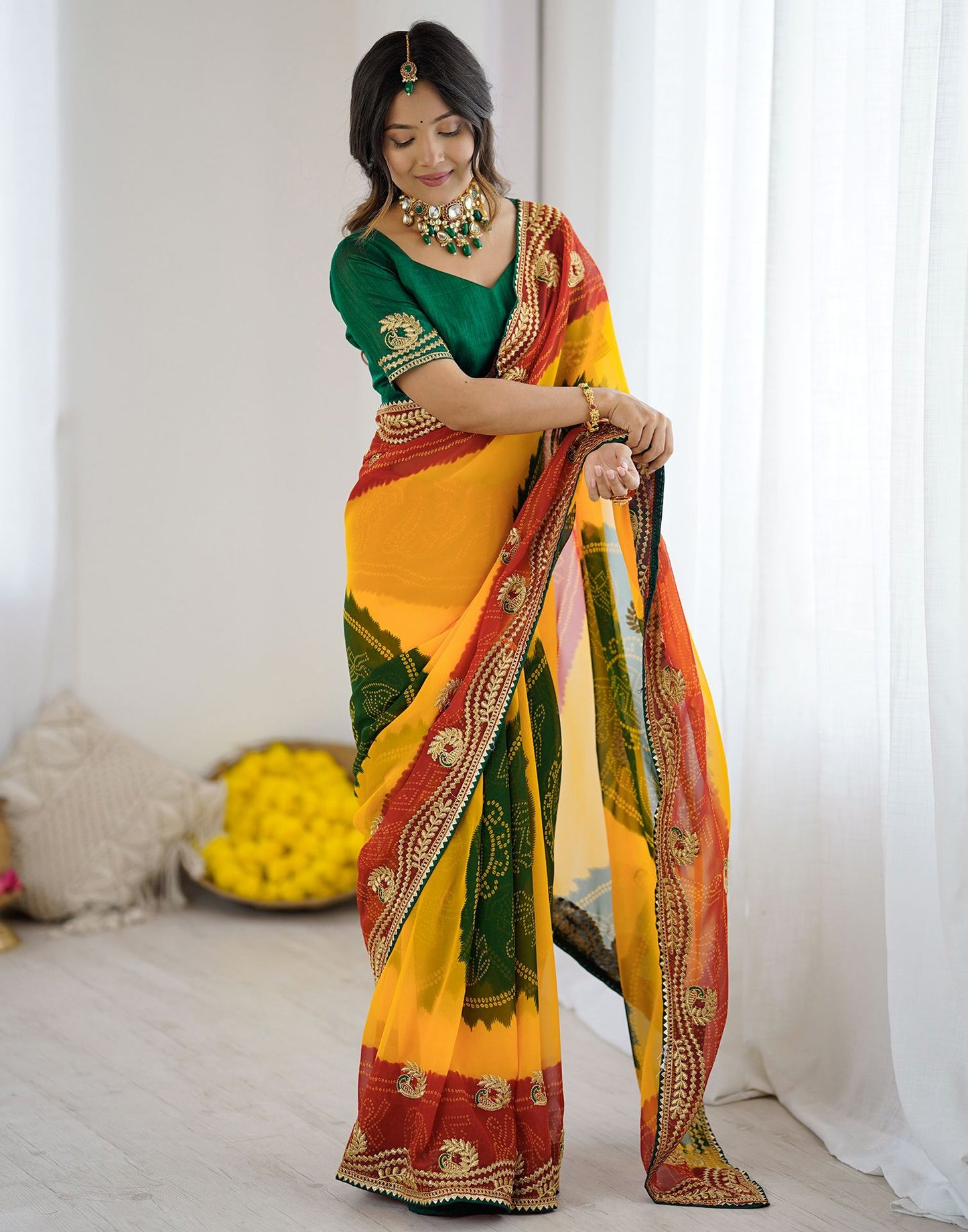 Yellow Georgette Printed Bandhani Saree