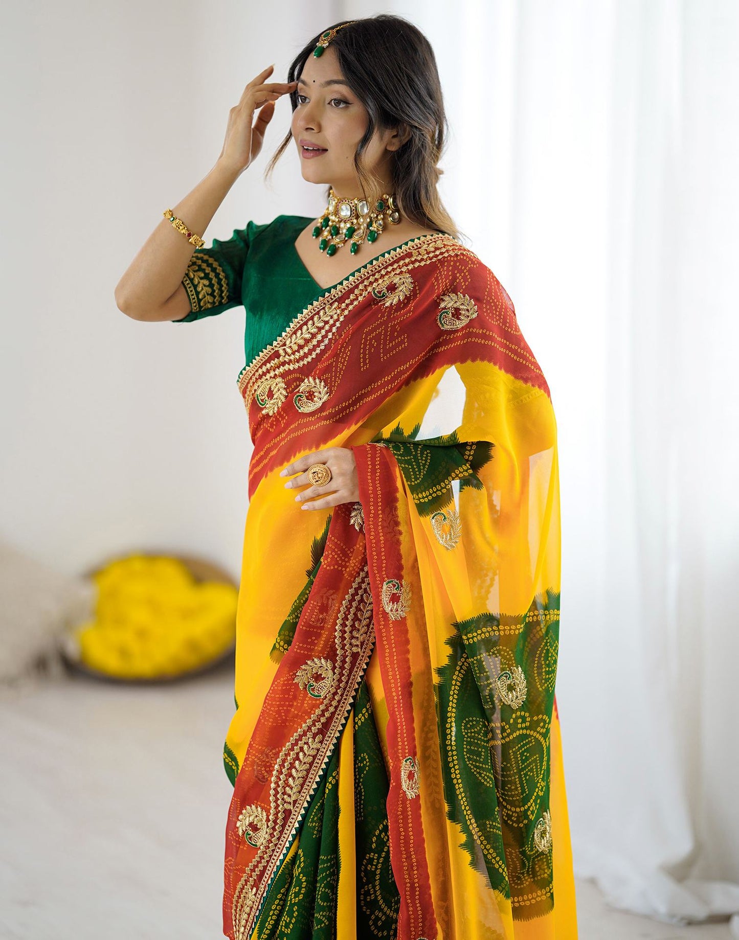 Yellow Georgette Printed Bandhani Saree