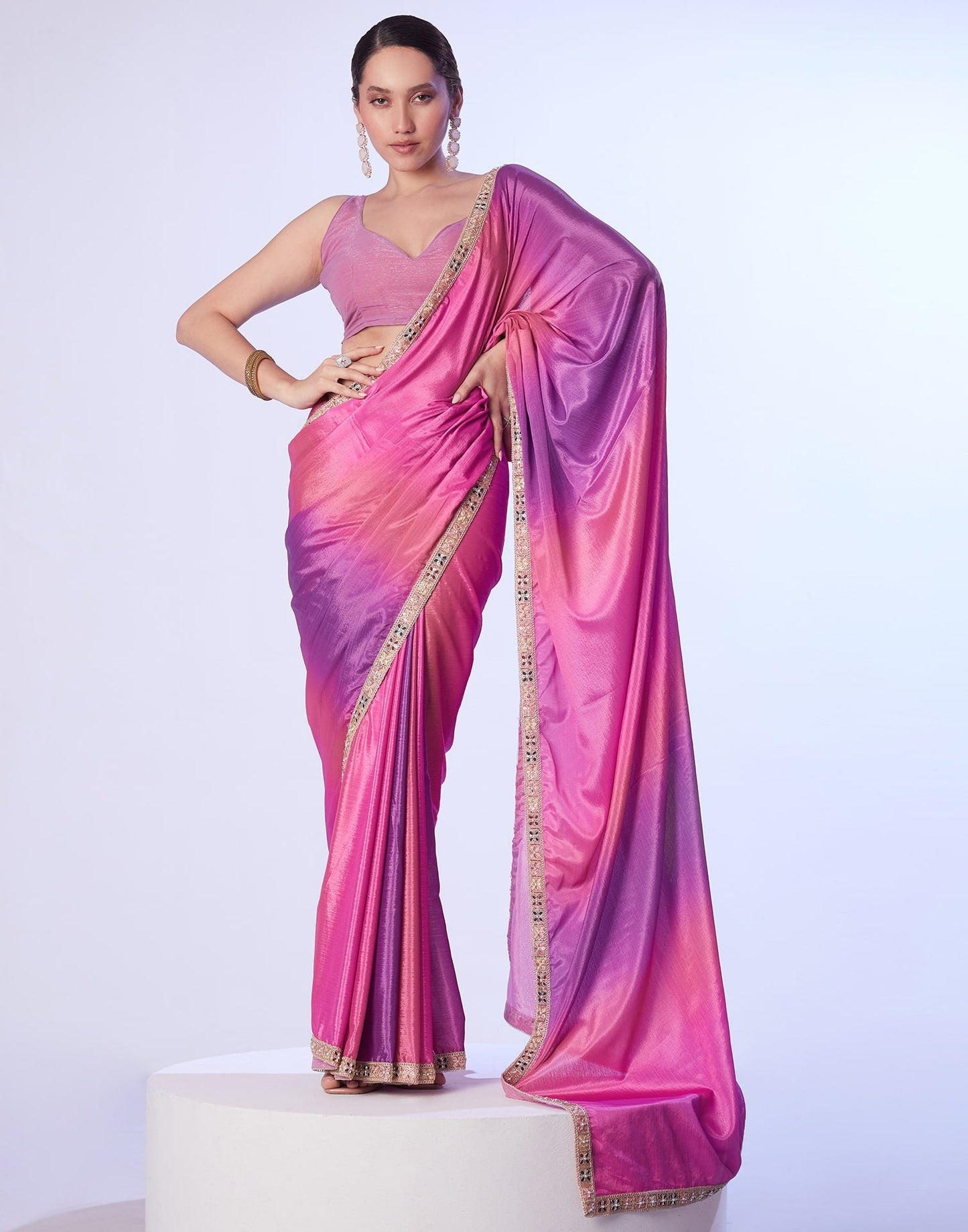 Pink Chinnon Lace Solid Saree