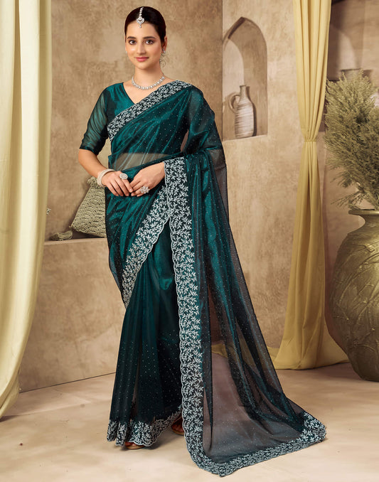 Rama Blue Shimmer Embroidery Saree