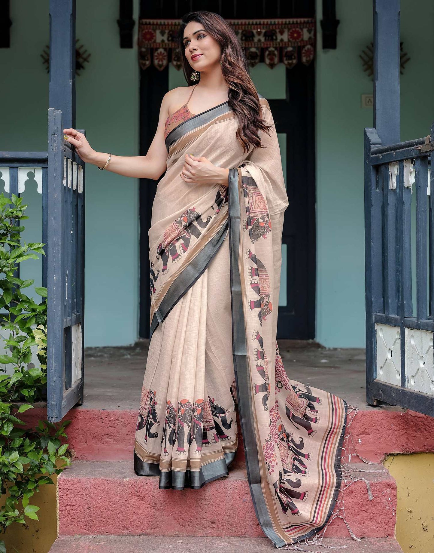 Off White Linen Printed Saree