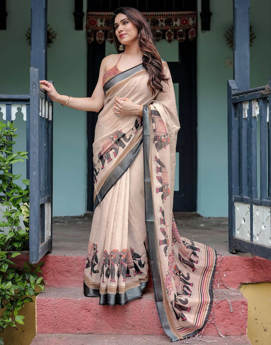Off White Linen Printed Saree