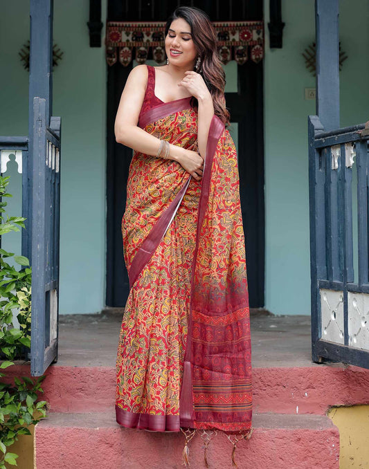 Beige Linen Printed Saree