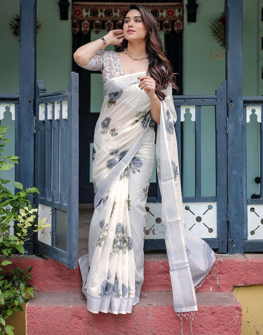 Off White Linen Printed Saree