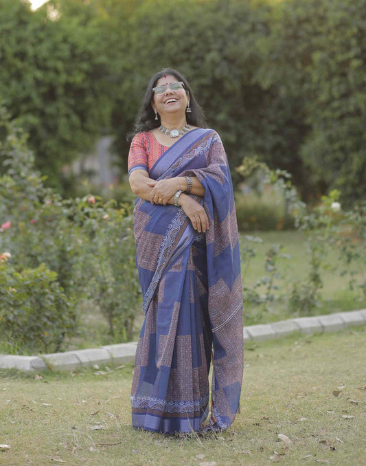 Navy Blue Linen Printed Saree