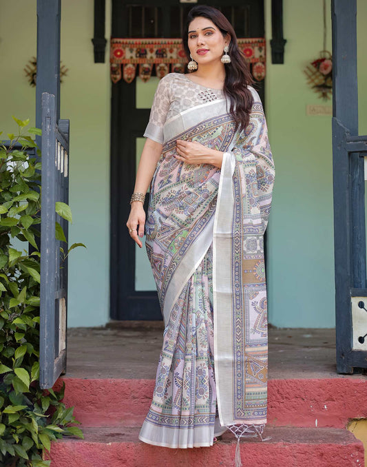Cream Linen Printed Saree