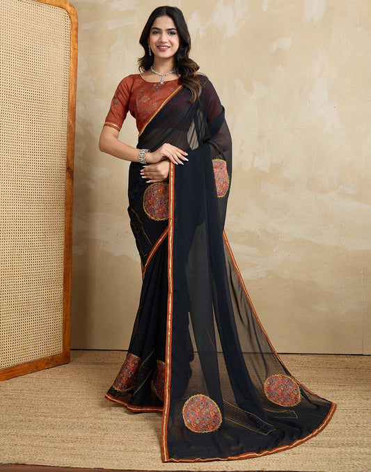 Black Georgette Patch work Embellished Saree
