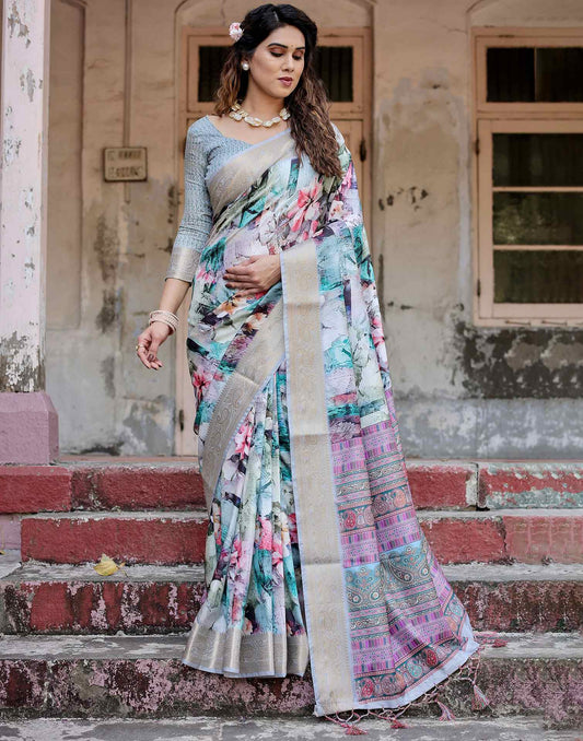 Multicoloured Tussar Silk Printed Saree