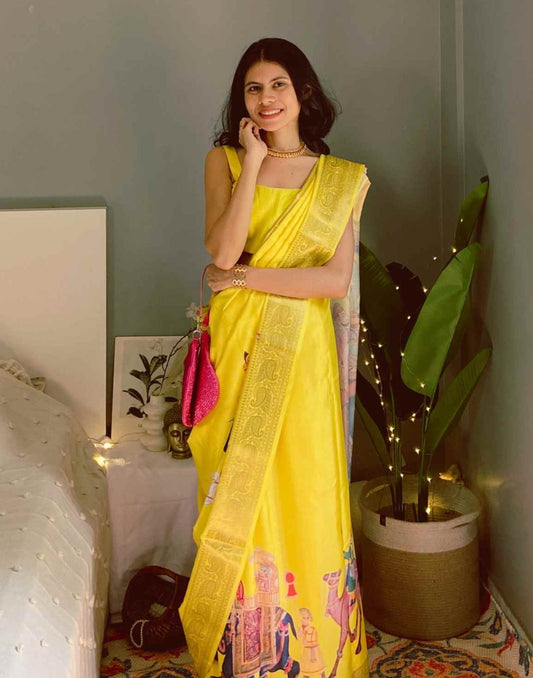 Yellow Tussar Silk Printed Kalamkari Saree