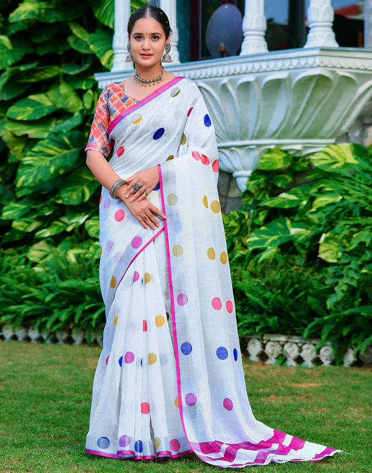 White Cotton Linen Printed Saree