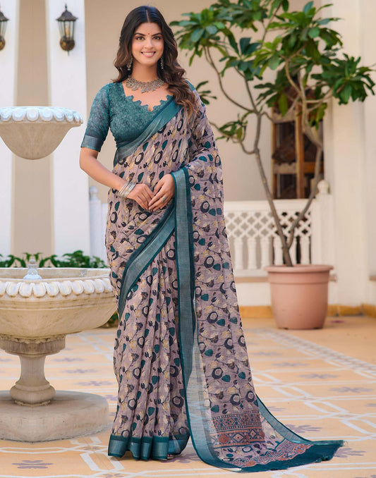 Mauve Cotton Linen Printed Saree